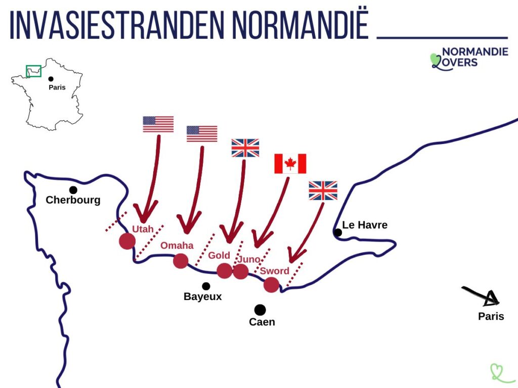 Kaart van landingsstranden normandië frankrijk