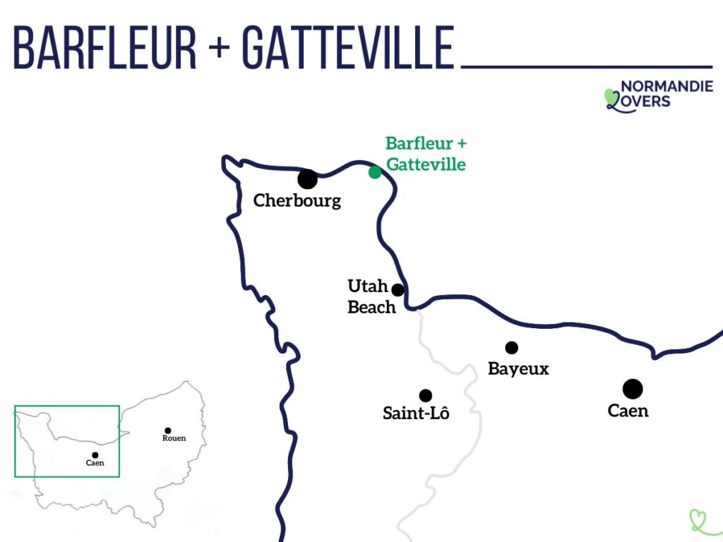 Kaart van Barfleur in Normandië Locatie van de vuurtoren van Gatteville