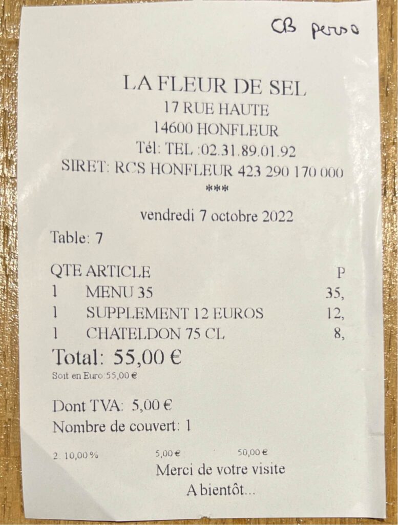 Foto van de rekening van 55 euro voor één persoon