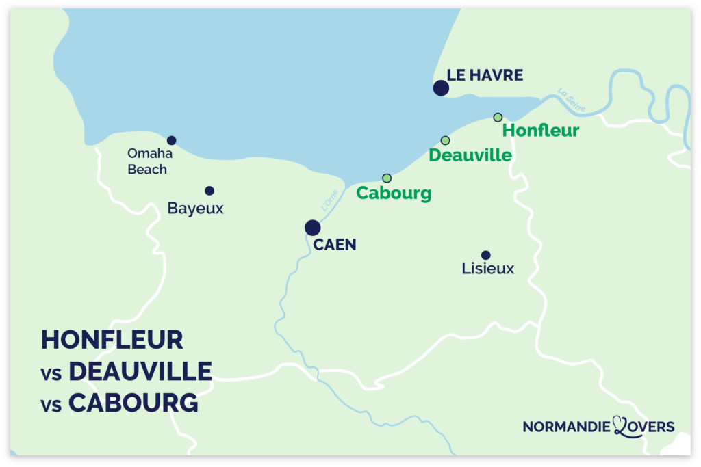 Kaart Cabourg vs Deauville vs Honfleur Normandie