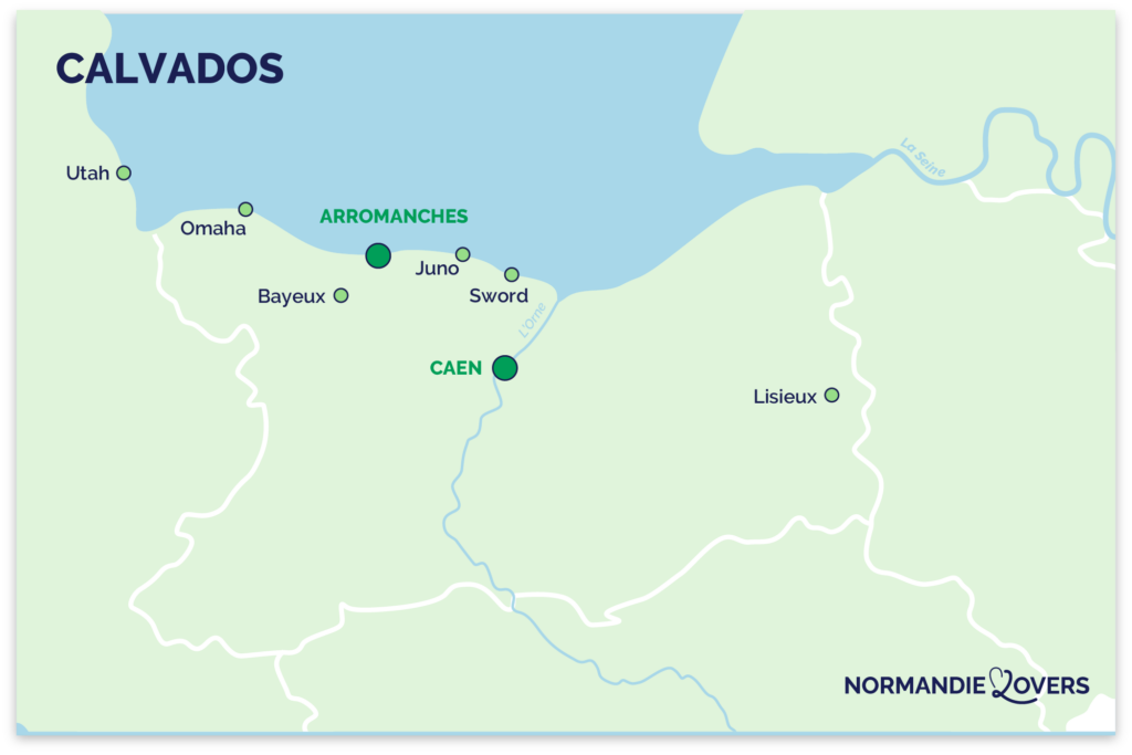 Mapa de Calvados con Arromanches y las playas del desembarco del Día D.
