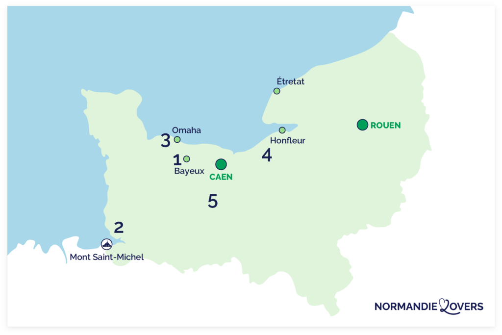 Mappa dell'itinerario di 5 giorni in Normandia