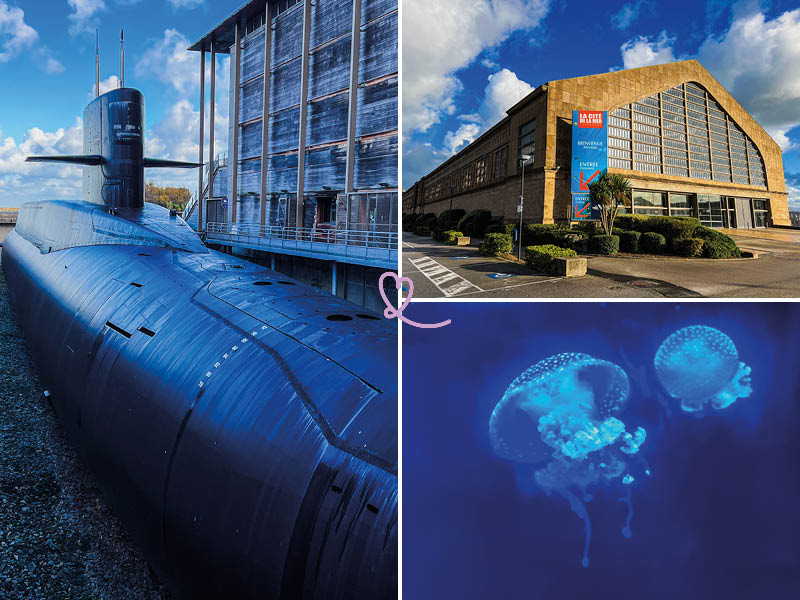Il temibile sottomarino, le meduse e la facciata de La Cité de la Mer a Cherbourg