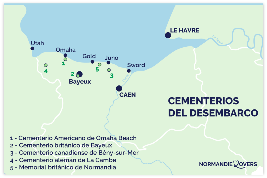 Mapa de los cementerios del desembarco de Normandía